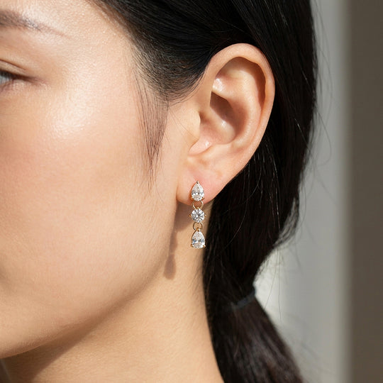 Three-Stone Pear &amp; Round Drop Earrings | Luxe3760