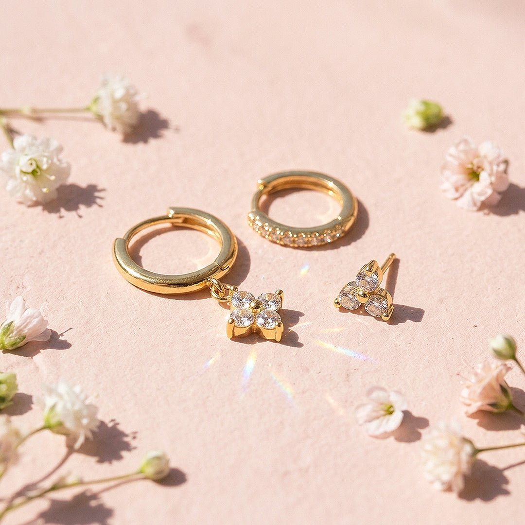 Floral Huggie Drop, Pave Huggie and Cluster Stud Earrings Set (3 Pairs) | Luxe3777