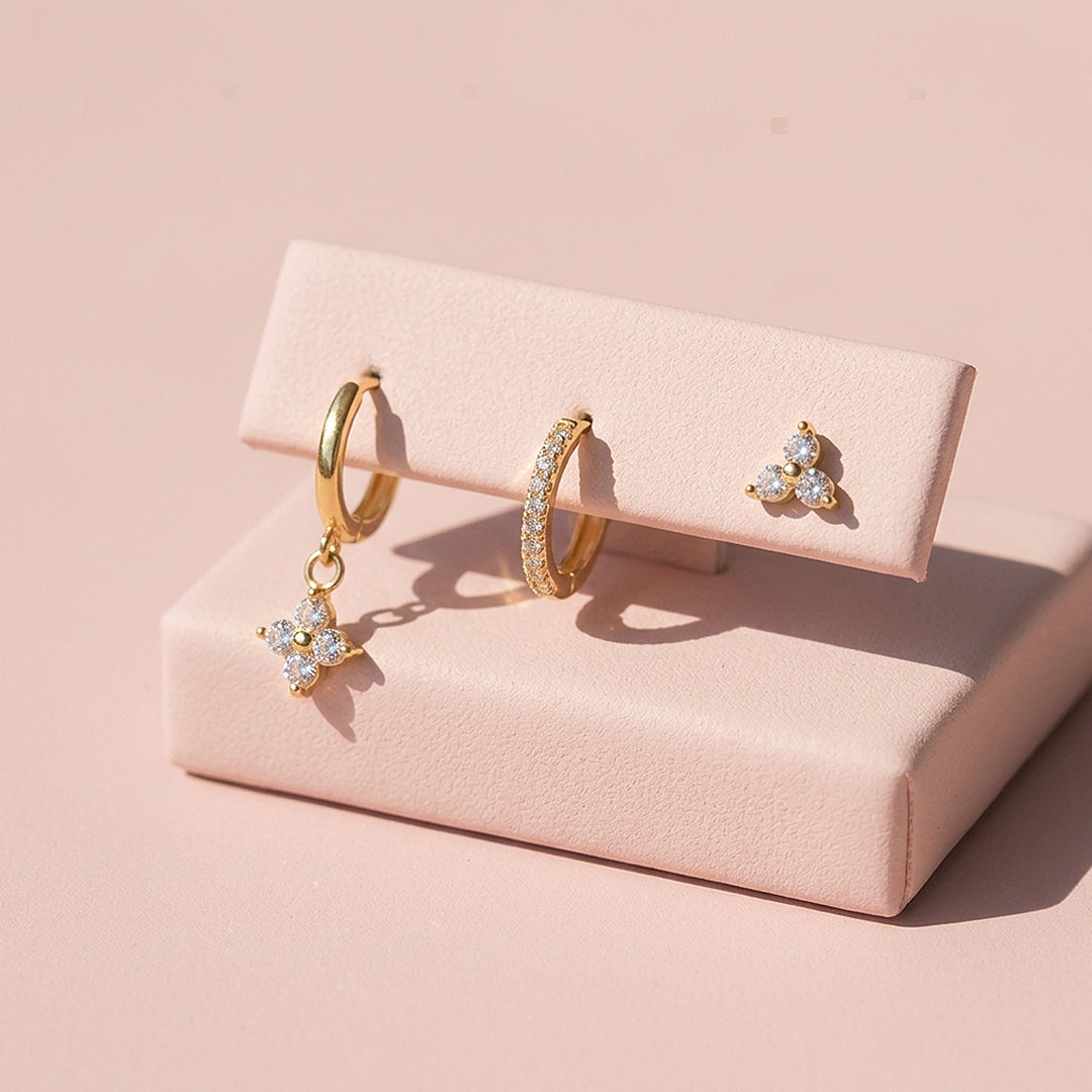 Floral Huggie Drop, Pave Huggie and Cluster Stud Earrings Set (3 Pairs) | Luxe3777