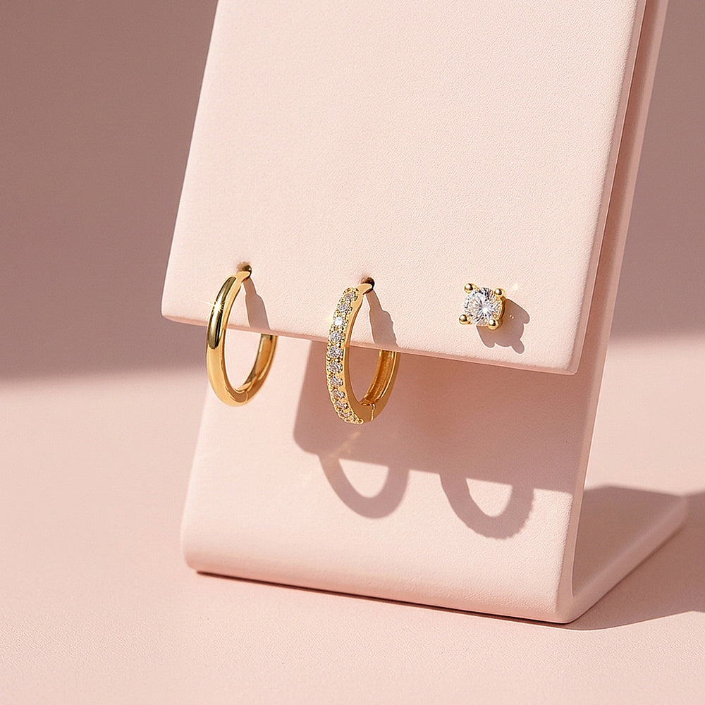 Classic Huggie, Pave Huggie and Solitaire Stud Earrings Set (3 Pairs) | Luxe3779