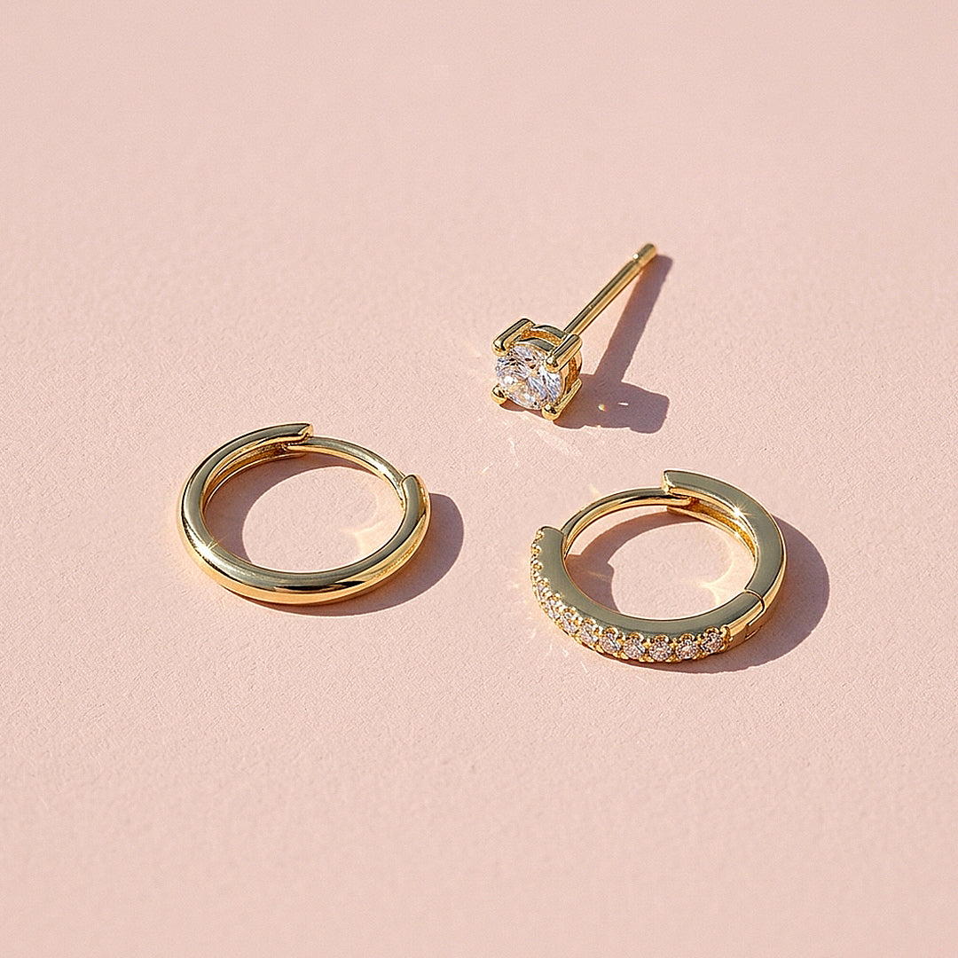 Classic Huggie, Pave Huggie and Solitaire Stud Earrings Set (3 Pairs) | Luxe3779