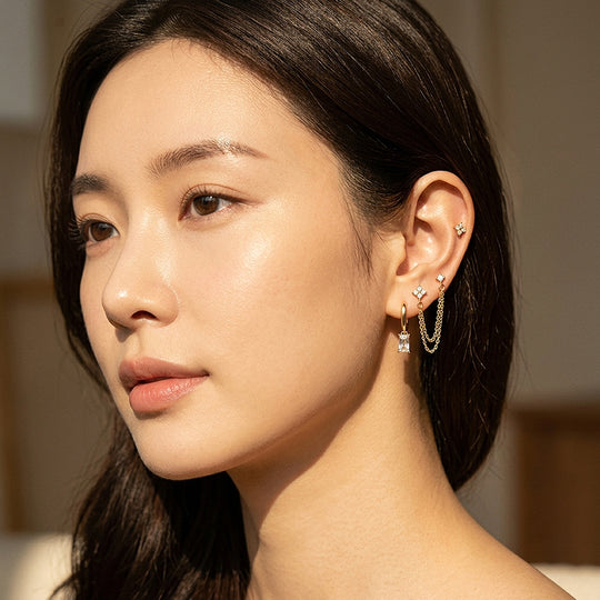 Floral Chain and Baguette Huggie Earrings Set (3 Pairs) | Luxe3781