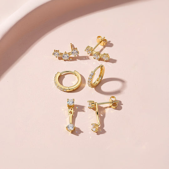 Curved Stud, Pave Huggie and Drop Ear Jacket Earrings Set (3 Pairs) | Luxe3782
