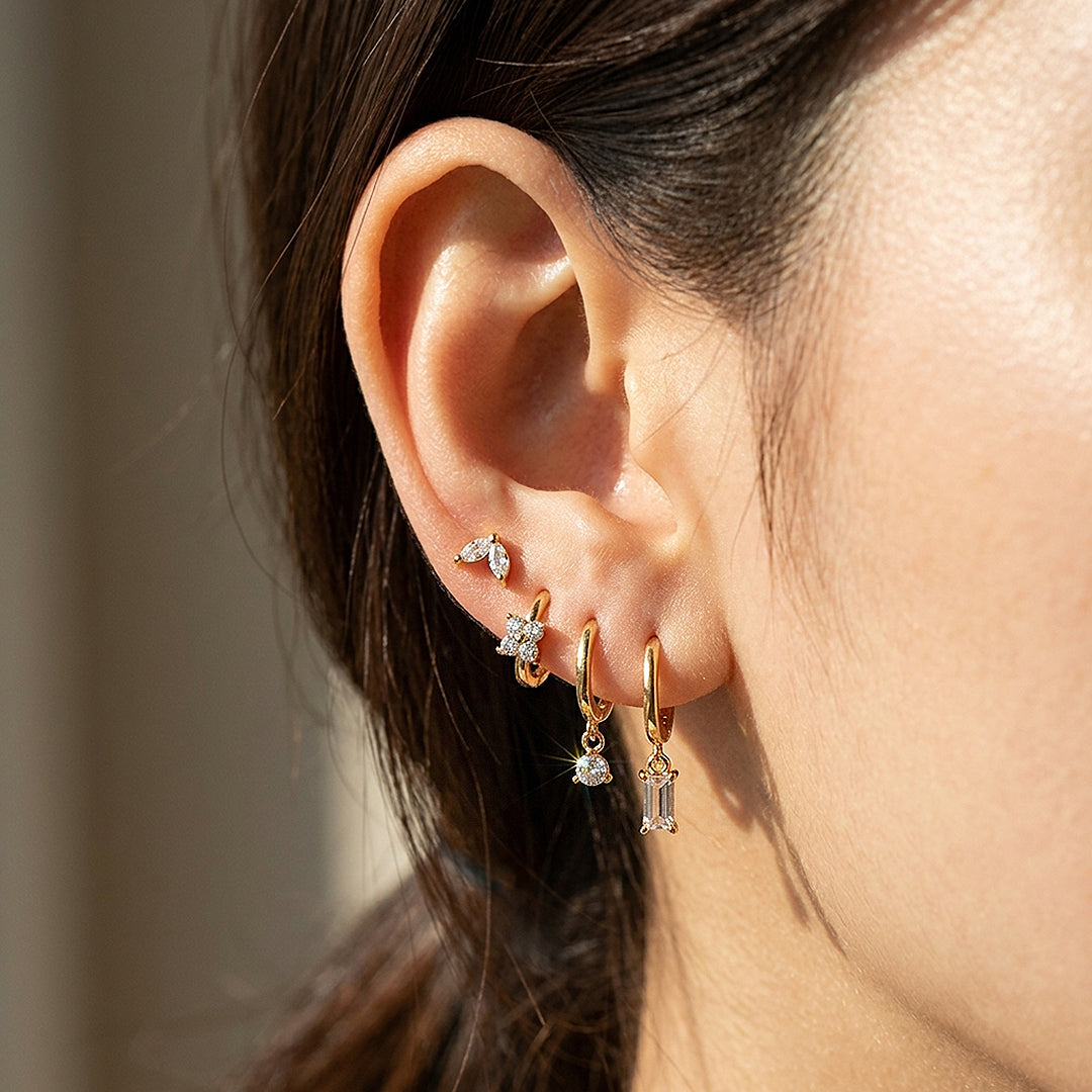 Floral, Solitaire and Baguette Huggie Drop Earrings Set (4 Pairs) | Luxe3784