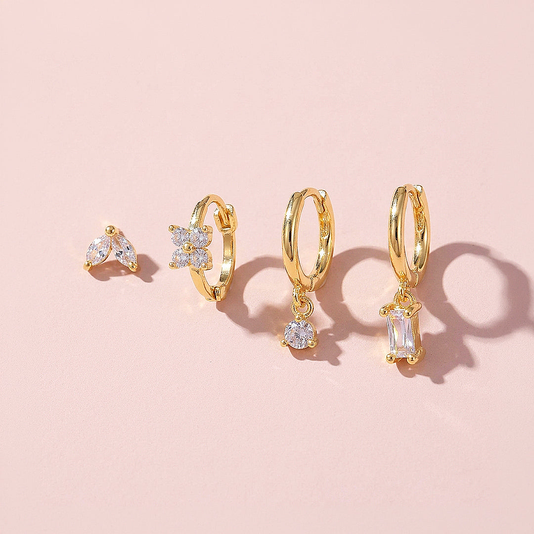 Floral, Solitaire and Baguette Huggie Drop Earrings Set (4 Pairs) | Luxe3784