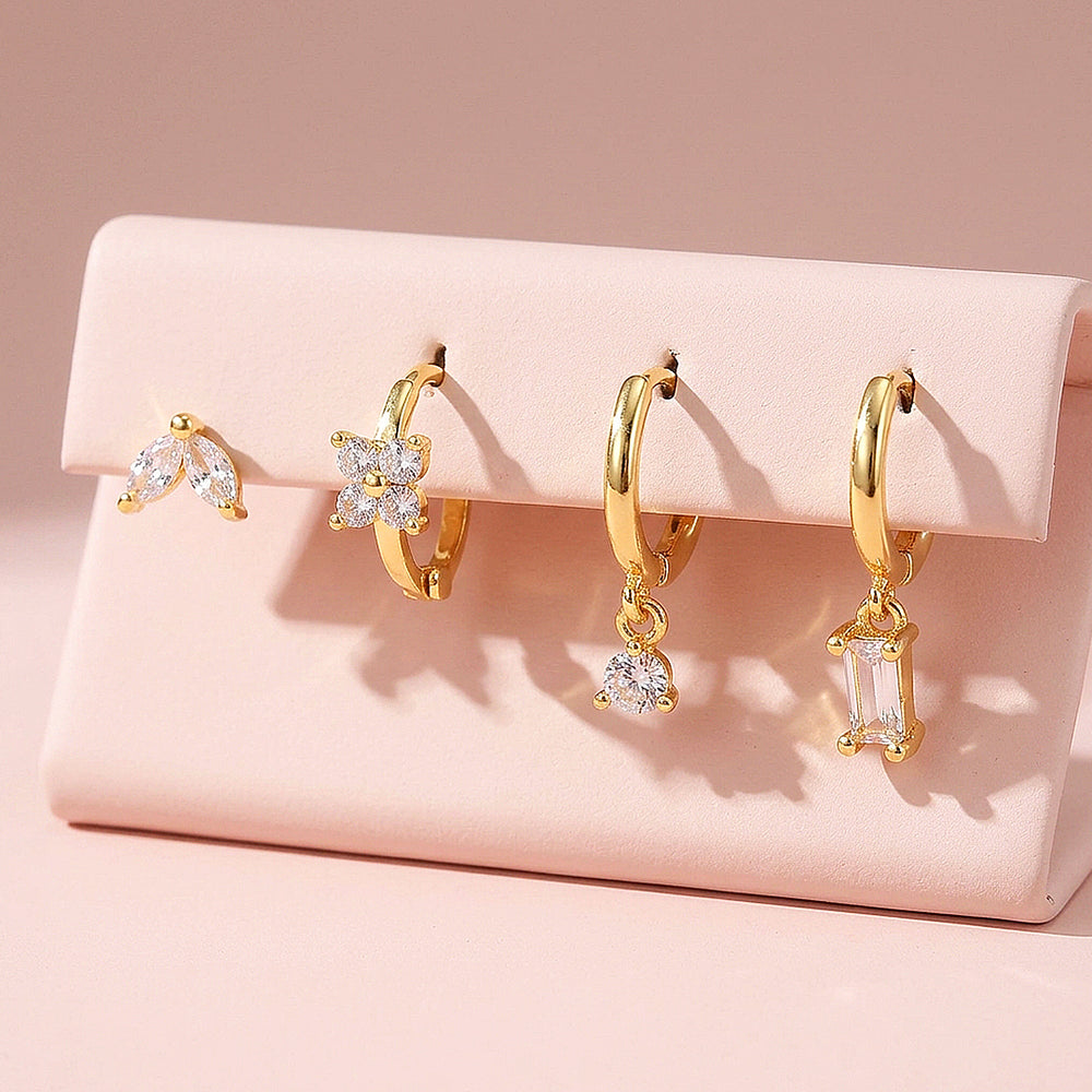 Floral, Solitaire and Baguette Huggie Drop Earrings Set (4 Pairs) | Luxe3784