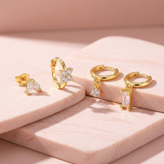 Floral, Solitaire and Baguette Huggie Drop Earrings Set (4 Pairs) | Luxe3784