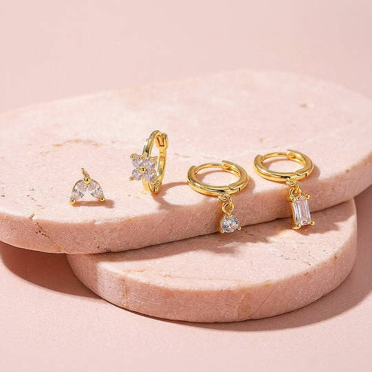Floral, Solitaire and Baguette Huggie Drop Earrings Set (4 Pairs) | Luxe3784