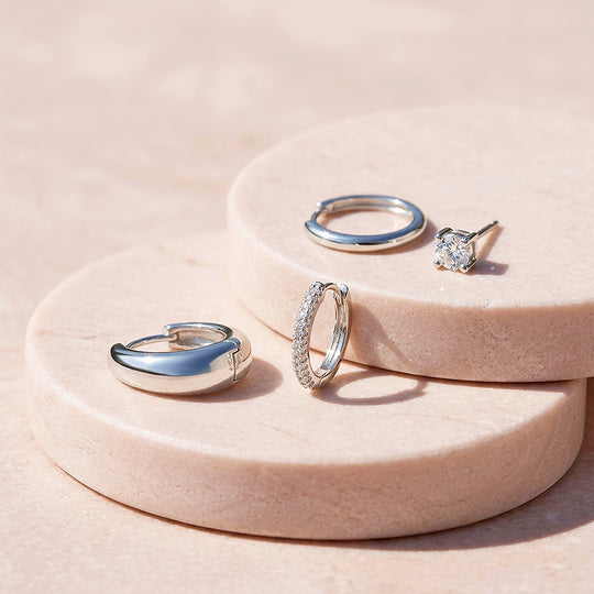 Dome, Pave Huggie and Solitaire Stud Earrings Set (4 Pairs) | Luxe3786
