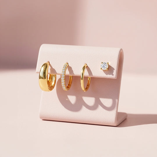 Dome, Pave Huggie and Solitaire Stud Earrings Set (4 Pairs) | Luxe3786