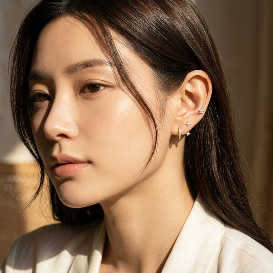 Floral Stud, Ear Jacket and Pave Huggie Earrings Set (3 Pairs) | Luxe3788