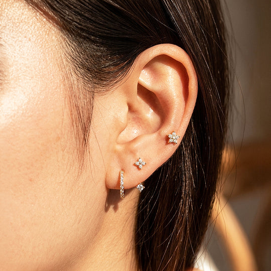 Floral Stud, Ear Jacket and Pave Huggie Earrings Set (3 Pairs) | Luxe3788
