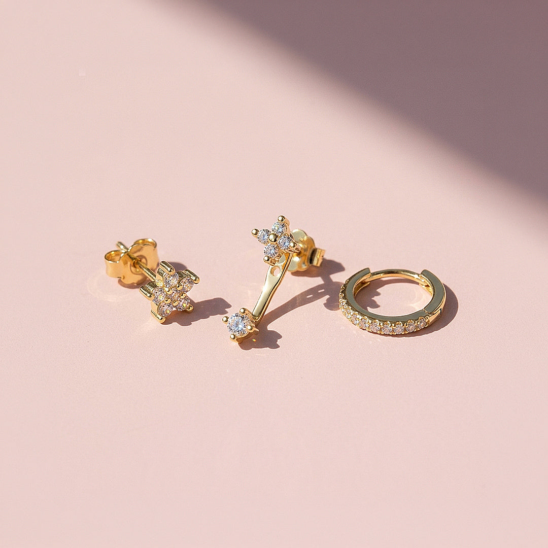 Floral Stud, Ear Jacket and Pave Huggie Earrings Set (3 Pairs) | Luxe3788