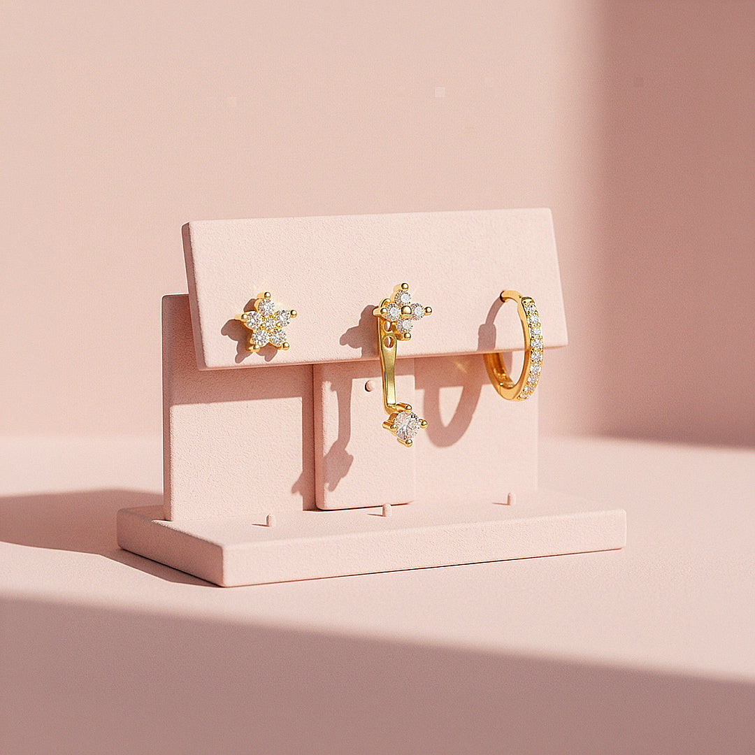 Floral Stud, Ear Jacket and Pave Huggie Earrings Set (3 Pairs) | Luxe3788