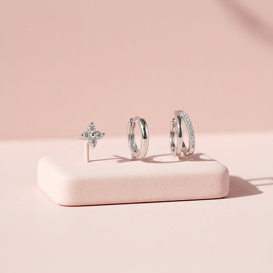 Floral Stud, Classic Huggie and Double Band Hoop Earrings Set (3 Pairs) | Luxe3789