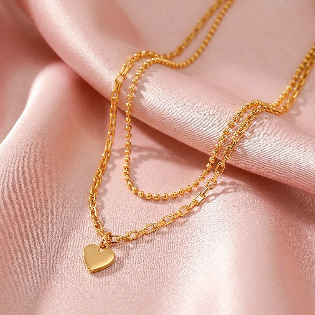 Layered Heart Pendant Chain Necklace | Luxe4353