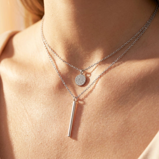 Double Layer Disc &amp; Bar Pendant Necklace | Silver | Luxe4466 - Luxe Necklace | Singapore Jewellery, Wedding Rings &amp; Gifts | Same Day Delivery | Tiara.com.sg