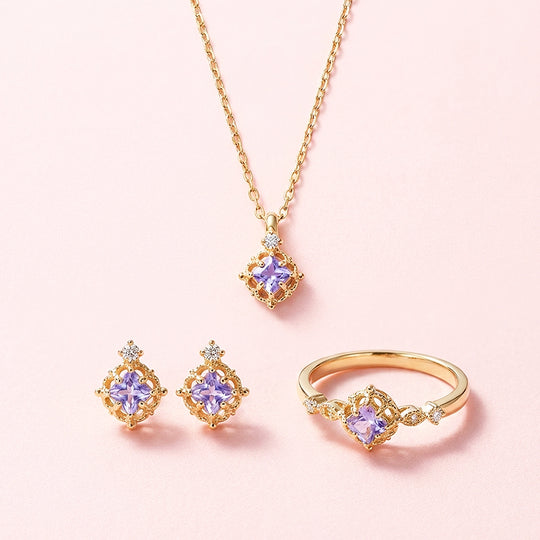 Princess-Cut Vintage Floral Jewelry Set | Gold &amp; Lavender | Luxe4477 - Luxe Necklace | Singapore Jewellery, Wedding Rings &amp; Gifts | Same Day Delivery | Tiara.com.sg