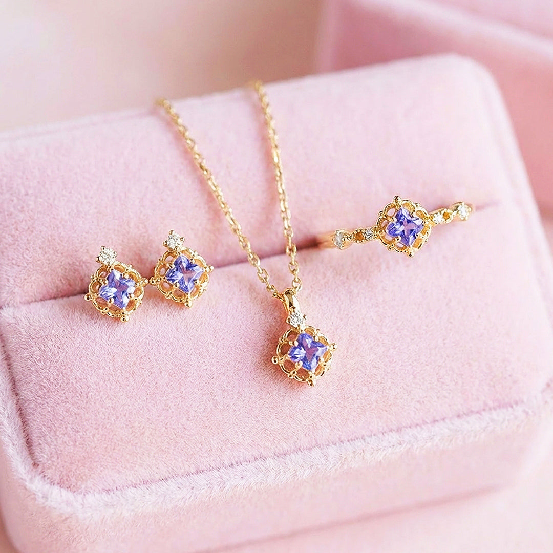 Princess-Cut Vintage Floral Jewelry Set | Gold &amp; Lavender | Luxe4477 - Luxe Necklace | Singapore Jewellery, Wedding Rings &amp; Gifts | Same Day Delivery | Tiara.com.sg