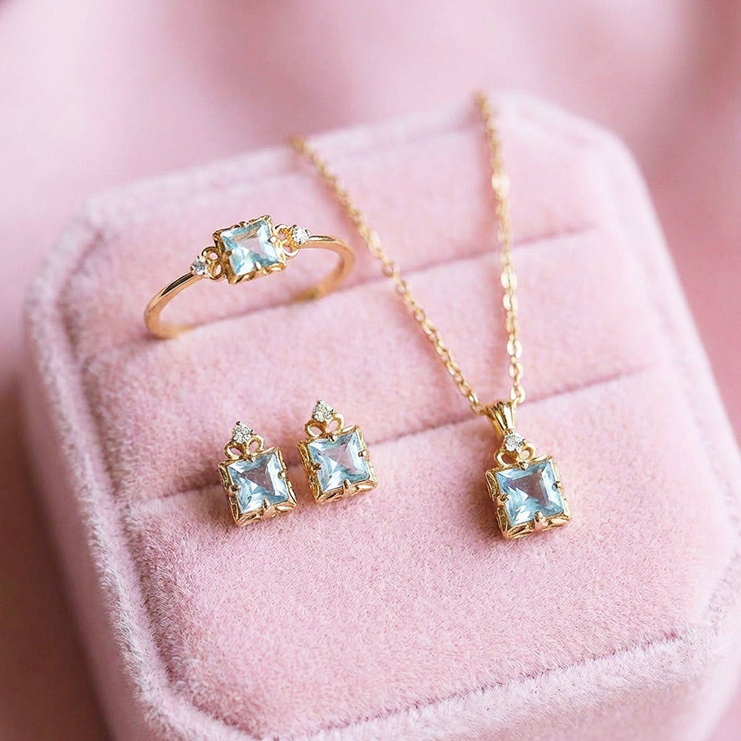 Princess-Cut Vintage Floral Jewelry Set | Gold &amp; Aqua Blue | Luxe4478 - Luxe Necklace | Singapore Jewellery, Wedding Rings &amp; Gifts | Same Day Delivery | Tiara.com.sg