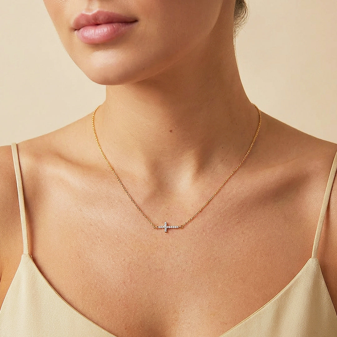 Pavé Sideways Cross Pendant Necklace | Gold | Luxe4479 - Luxe Necklace | Singapore Jewellery, Wedding Rings &amp; Gifts | Same Day Delivery | Tiara.com.sg