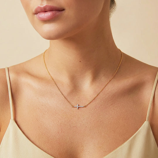 Pavé Sideways Cross Pendant Necklace | Gold | Luxe4479 - Luxe Necklace | Singapore Jewellery, Wedding Rings &amp; Gifts | Same Day Delivery | Tiara.com.sg