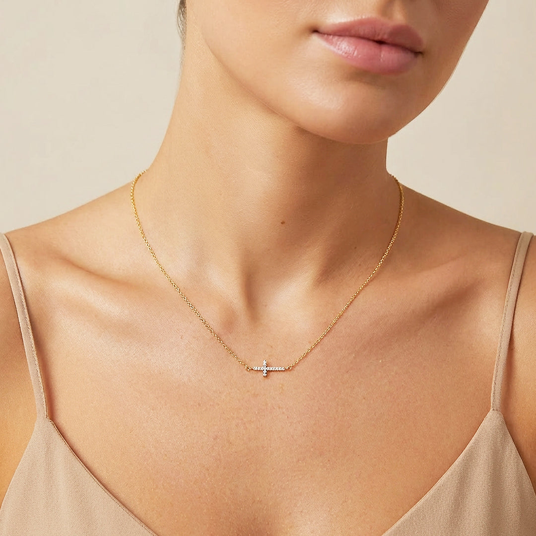 Pavé Sideways Cross Pendant Necklace | Gold | Luxe4479 - Luxe Necklace | Singapore Jewellery, Wedding Rings &amp; Gifts | Same Day Delivery | Tiara.com.sg
