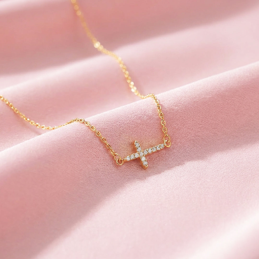 Pavé Sideways Cross Pendant Necklace | Gold | Luxe4479 - Luxe Necklace | Singapore Jewellery, Wedding Rings &amp; Gifts | Same Day Delivery | Tiara.com.sg