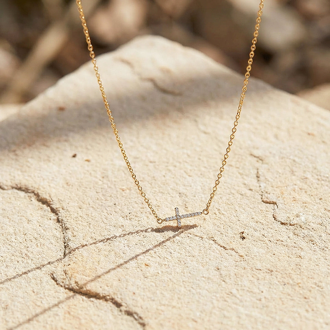Pavé Sideways Cross Pendant Necklace | Gold | Luxe4479 - Luxe Necklace | Singapore Jewellery, Wedding Rings &amp; Gifts | Same Day Delivery | Tiara.com.sg