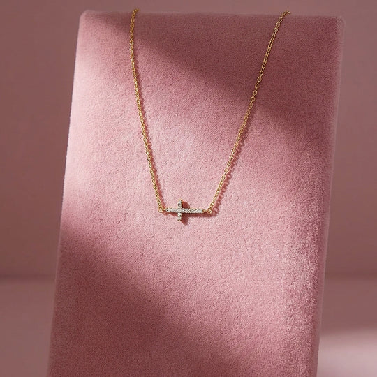 Pavé Sideways Cross Pendant Necklace | Gold | Luxe4479 - Luxe Necklace | Singapore Jewellery, Wedding Rings &amp; Gifts | Same Day Delivery | Tiara.com.sg