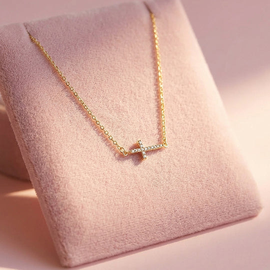 Pavé Sideways Cross Pendant Necklace | Gold | Luxe4479 - Luxe Necklace | Singapore Jewellery, Wedding Rings &amp; Gifts | Same Day Delivery | Tiara.com.sg