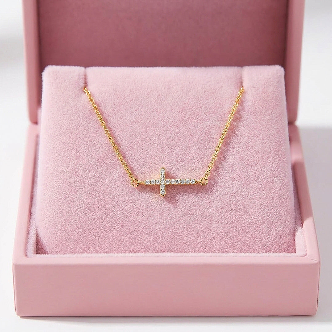 Pavé Sideways Cross Pendant Necklace | Gold | Luxe4479 - Luxe Necklace | Singapore Jewellery, Wedding Rings &amp; Gifts | Same Day Delivery | Tiara.com.sg