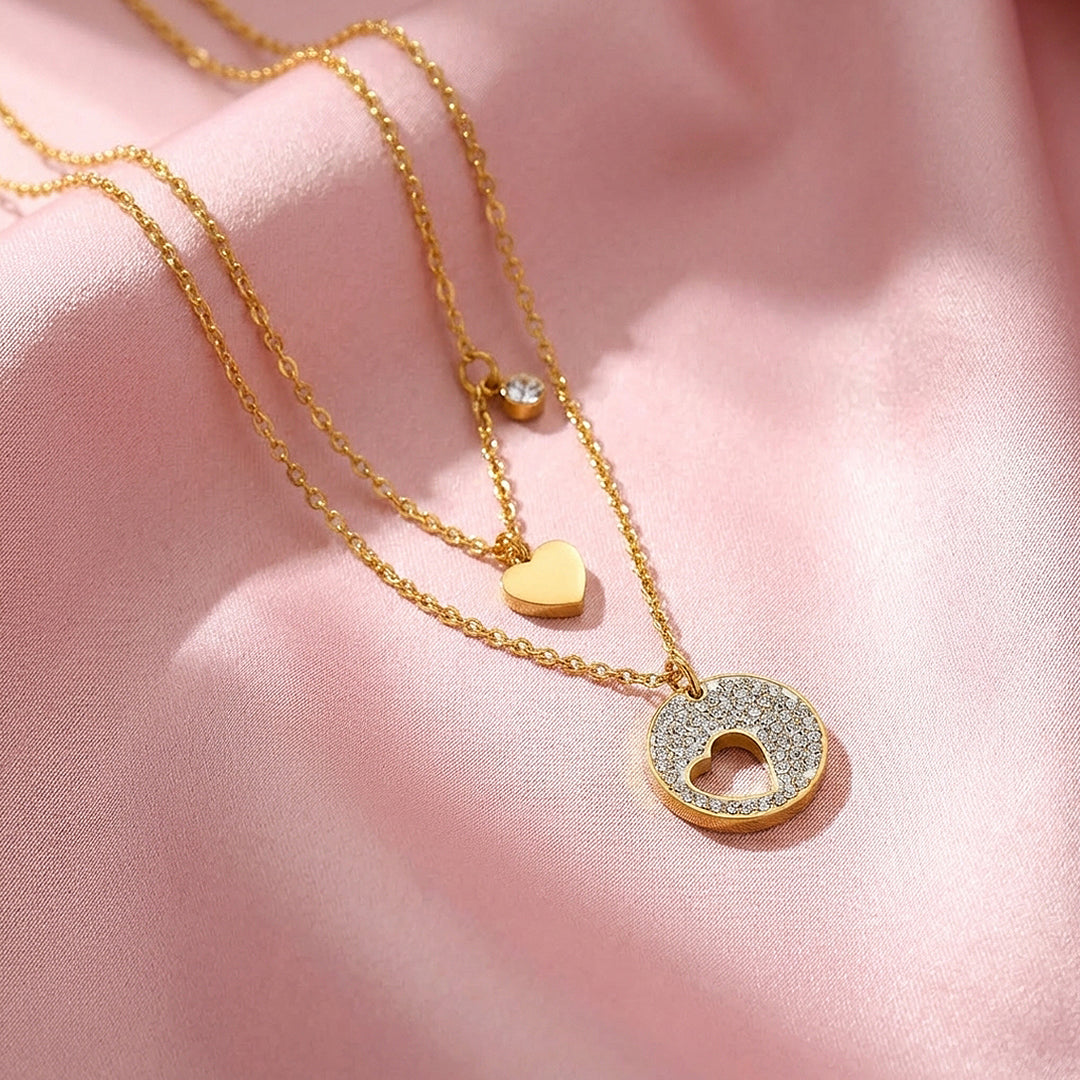Double Layer Heart &amp; Pavé Circle Pendant Necklace | Gold | Luxe4488