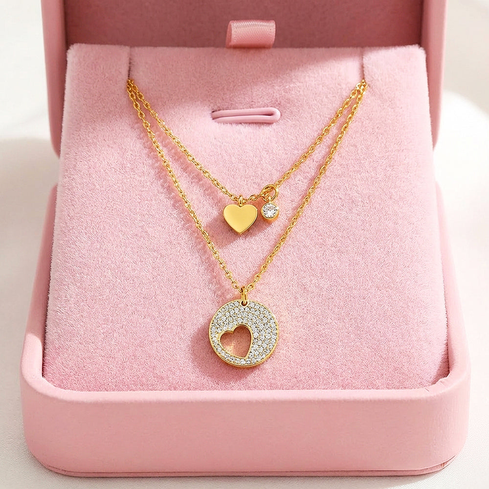 Double Layer Heart & Pavé Circle Pendant Necklace | Gold | Luxe4488