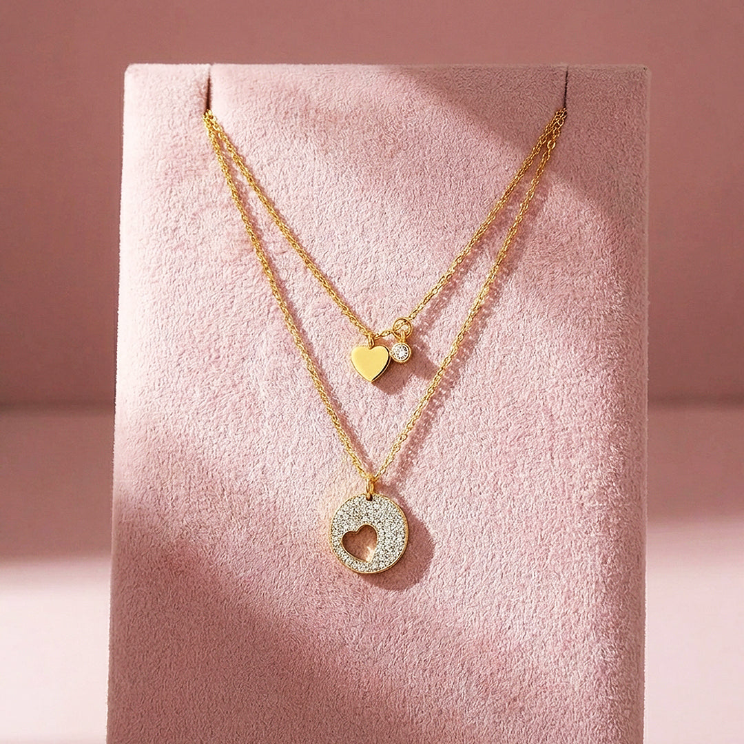 Double Layer Heart &amp; Pavé Circle Pendant Necklace | Gold | Luxe4488