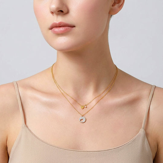 Double Layer Heart &amp; Pavé Circle Pendant Necklace | Gold | Luxe4488