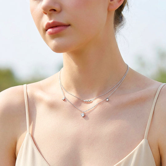 Double Layer Pavé Heart Drop Pendant Necklace | Silver | Luxe4492 - Luxe Necklace | Singapore Jewellery, Wedding Rings &amp; Gifts | Same Day Delivery | Tiara.com.sg