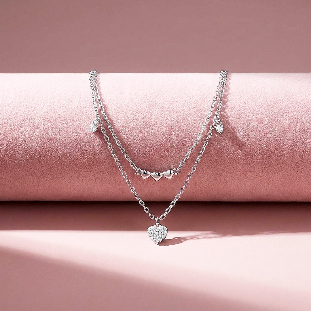 Double Layer Pavé Heart Drop Pendant Necklace | Silver | Luxe4492 - Luxe Necklace | Singapore Jewellery, Wedding Rings &amp; Gifts | Same Day Delivery | Tiara.com.sg