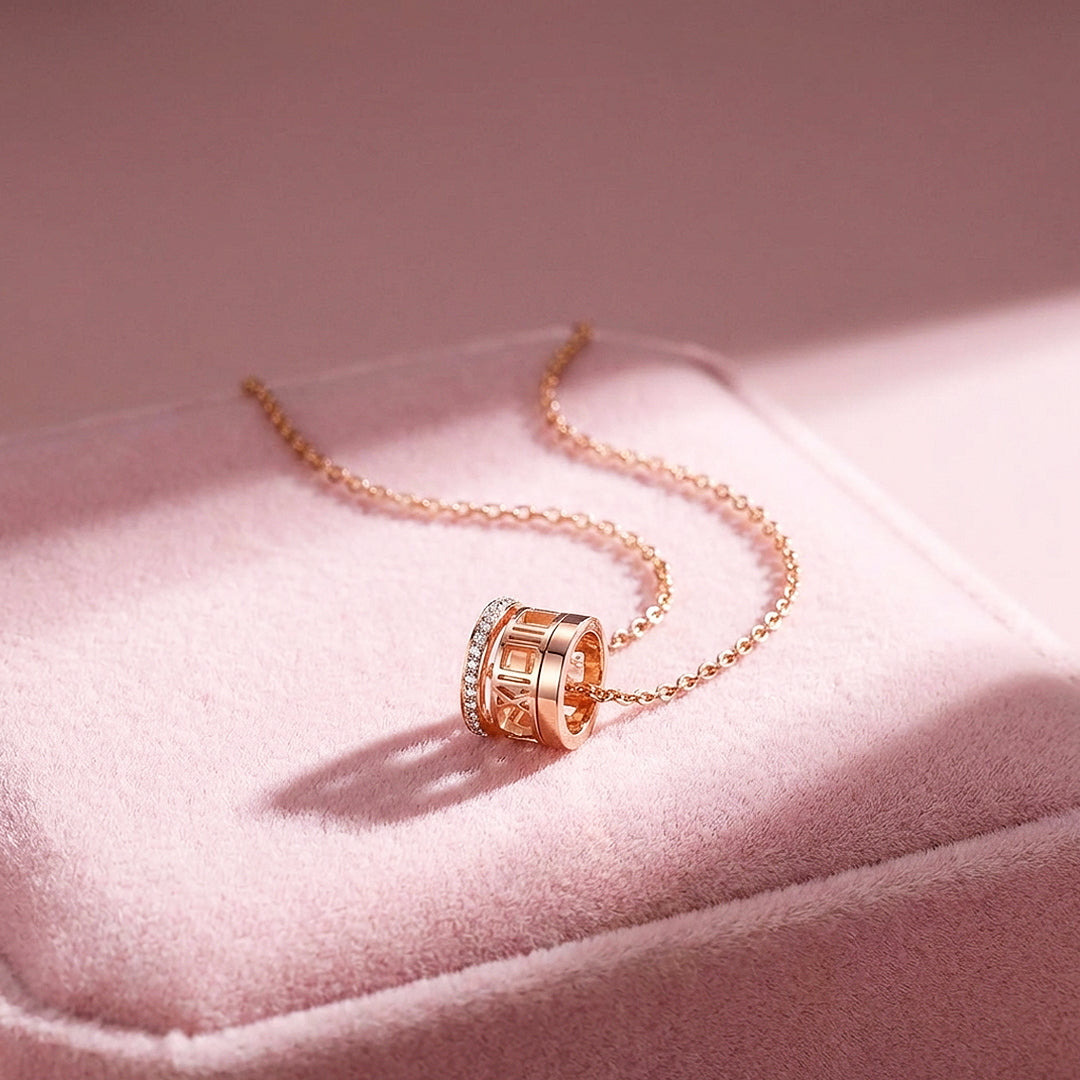 Roman Numeral Cylinder Ring Pendant Necklace | Rose Gold | Luxe4494 - Luxe Necklace | Singapore Jewellery, Wedding Rings &amp; Gifts | Same Day Delivery | Tiara.com.sg