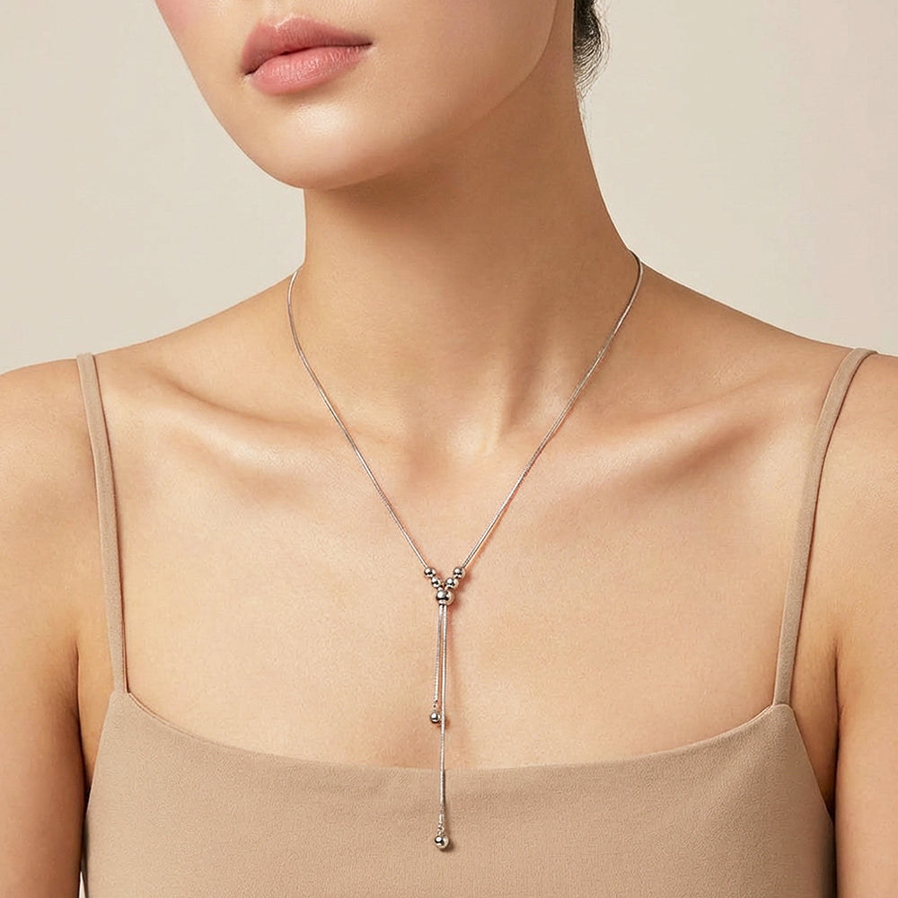 Beaded Y-Shape Slider Pendant Necklace | Silver & Gold | Luxe4495 - Luxe Necklace | Singapore Jewellery, Wedding Rings & Gifts | Same Day Delivery | Tiara.com.sg