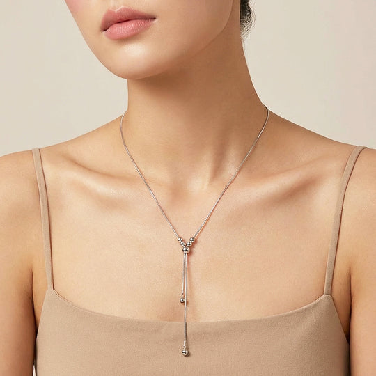 Beaded Y-Shape Slider Pendant Necklace | Silver &amp; Gold | Luxe4495 - Luxe Necklace | Singapore Jewellery, Wedding Rings &amp; Gifts | Same Day Delivery | Tiara.com.sg
