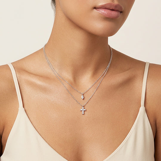 Layered Cross &amp; Marquise Pendant Necklace | Silver | Luxe4504 - Luxe Necklace | Singapore Jewellery, Wedding Rings &amp; Gifts | Same Day Delivery | Tiara.com.sg