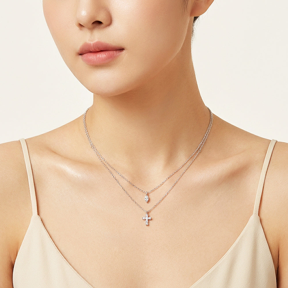 Layered Cross & Marquise Pendant Necklace | Silver | Luxe4504 - Luxe Necklace | Singapore Jewellery, Wedding Rings & Gifts | Same Day Delivery | Tiara.com.sg