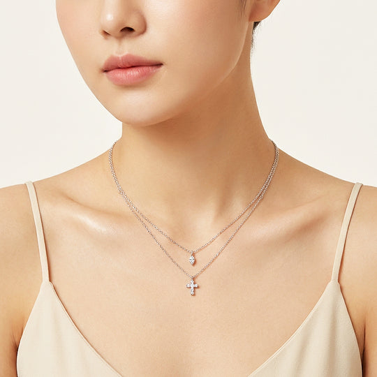Layered Cross &amp; Marquise Pendant Necklace | Silver | Luxe4504 - Luxe Necklace | Singapore Jewellery, Wedding Rings &amp; Gifts | Same Day Delivery | Tiara.com.sg