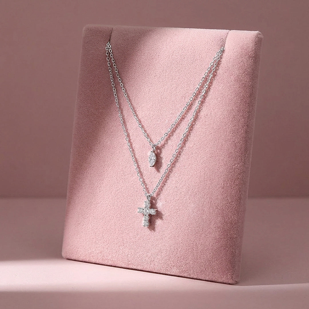 Layered Cross &amp; Marquise Pendant Necklace | Silver | Luxe4504 - Luxe Necklace | Singapore Jewellery, Wedding Rings &amp; Gifts | Same Day Delivery | Tiara.com.sg