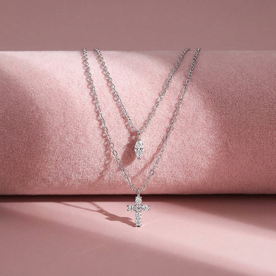 Layered Cross &amp; Marquise Pendant Necklace | Silver | Luxe4504 - Luxe Necklace | Singapore Jewellery, Wedding Rings &amp; Gifts | Same Day Delivery | Tiara.com.sg