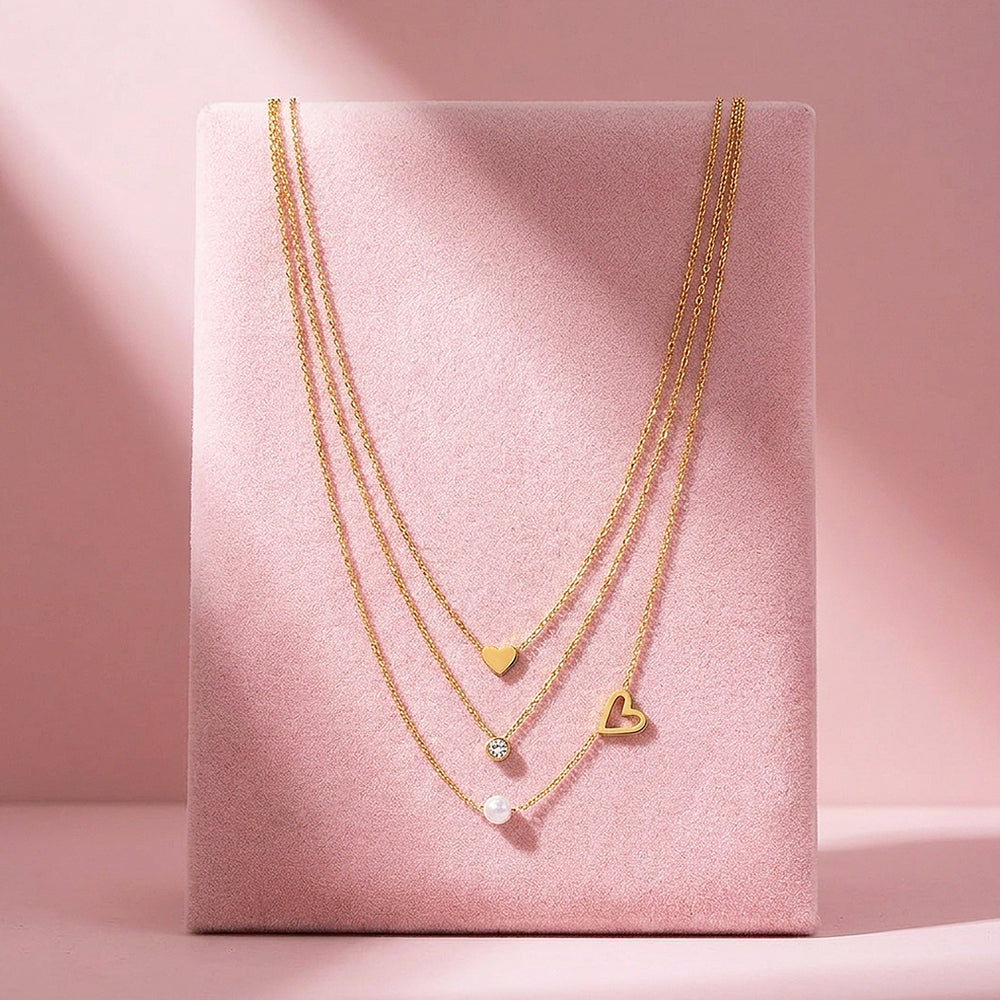 Triple Layered Heart & Pearl Necklace | Luxe4533