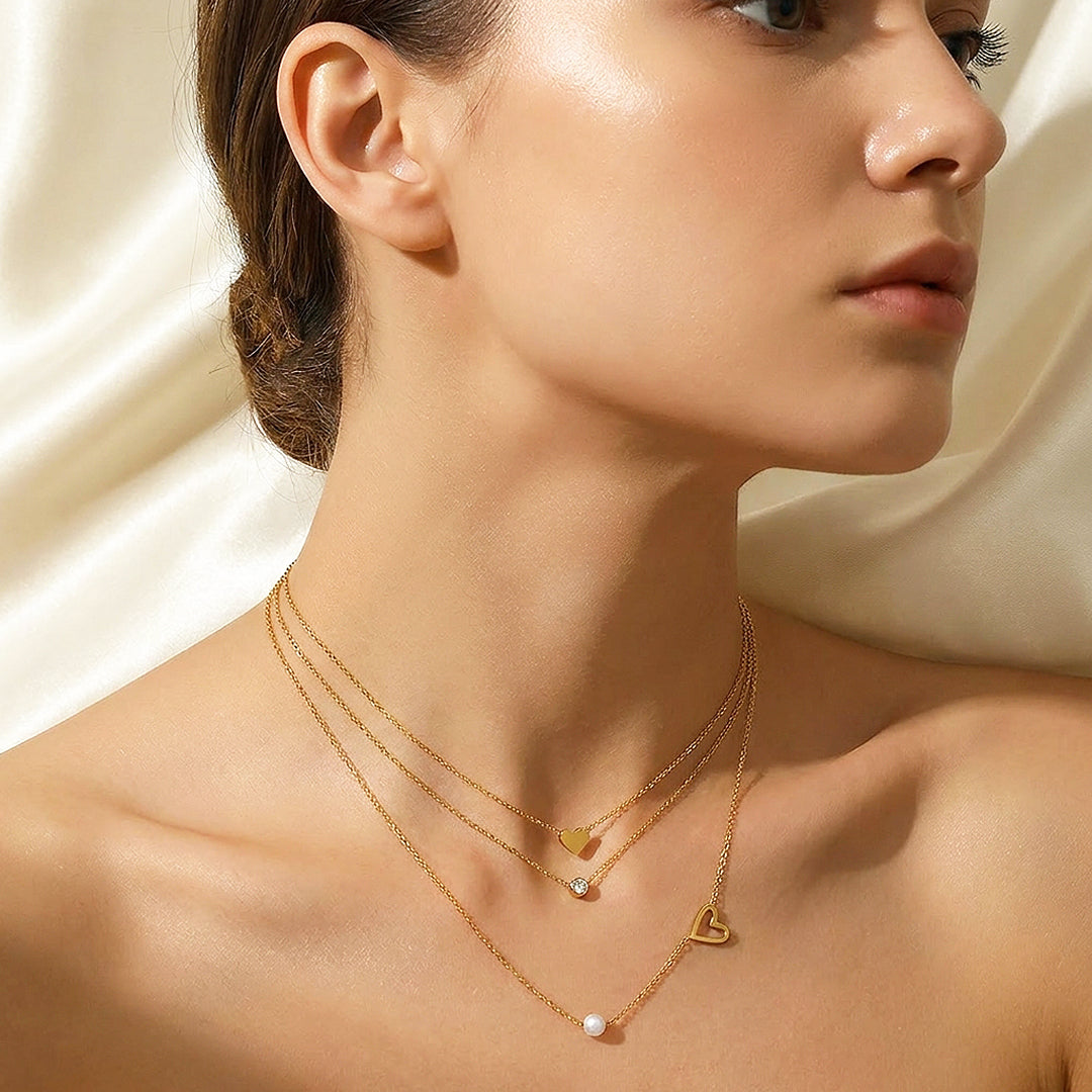 Triple Layered Heart &amp; Pearl Necklace | Luxe4533