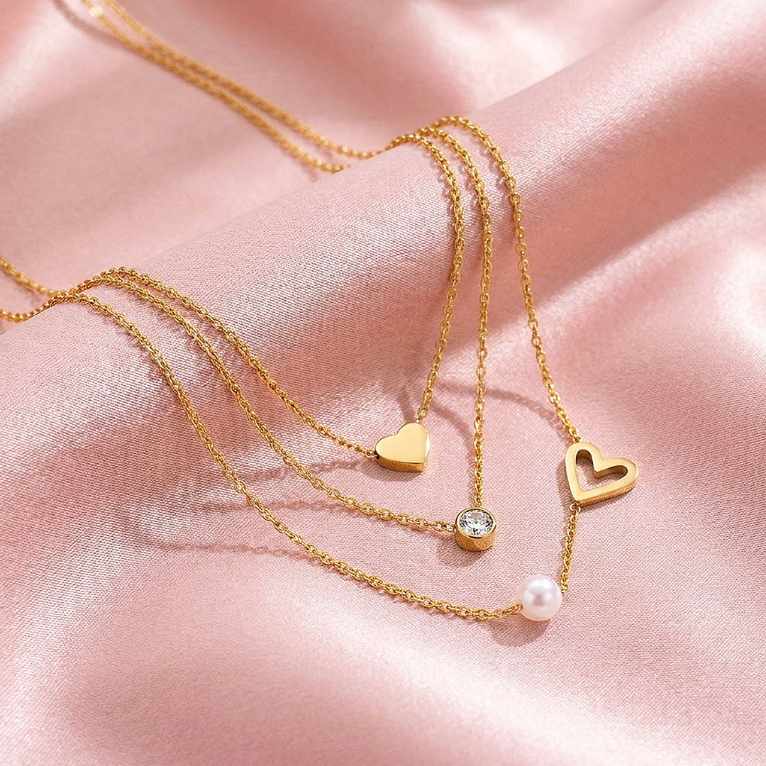 Triple Layered Heart &amp; Pearl Necklace | Luxe4533