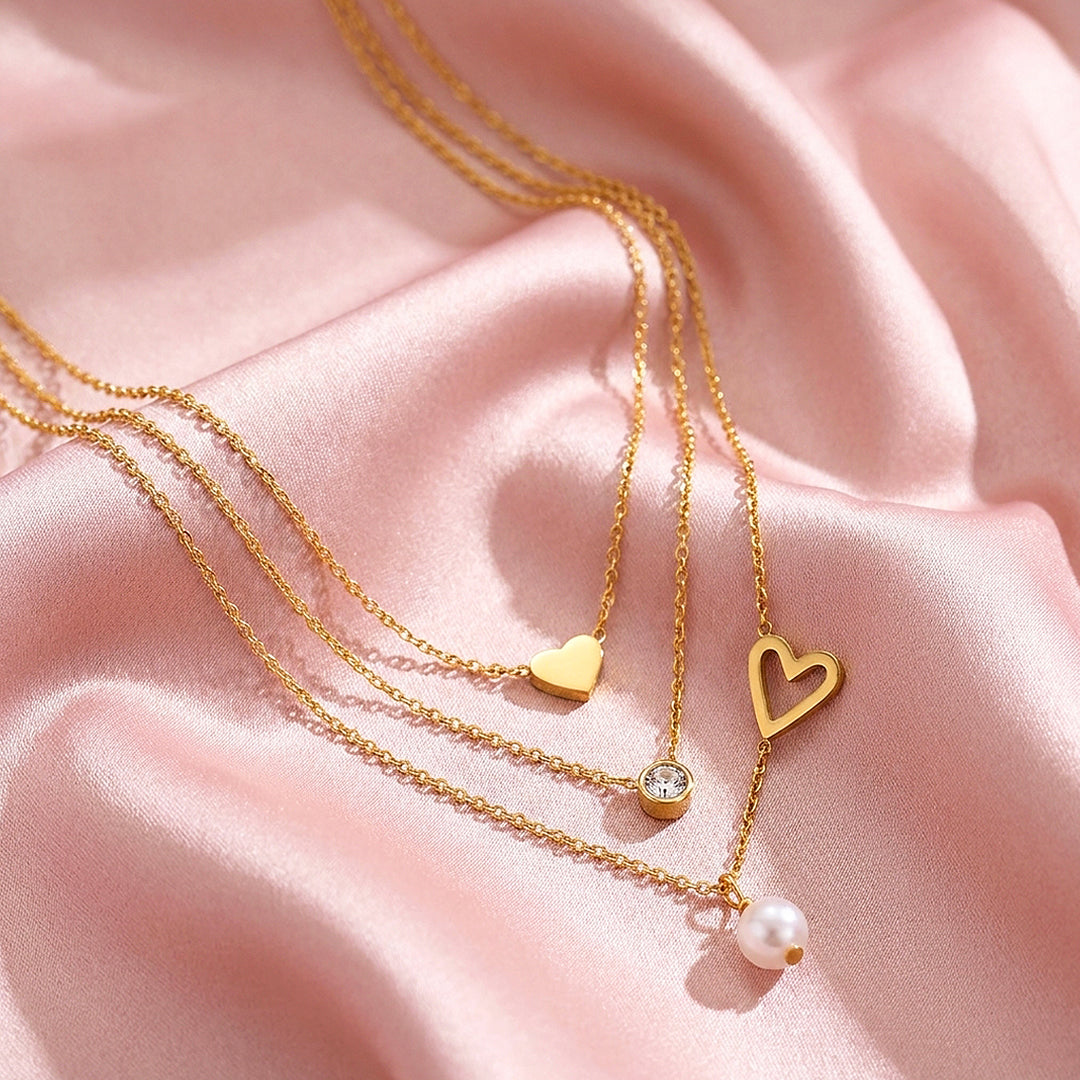 Triple Layered Heart &amp; Pearl Necklace | Luxe4533